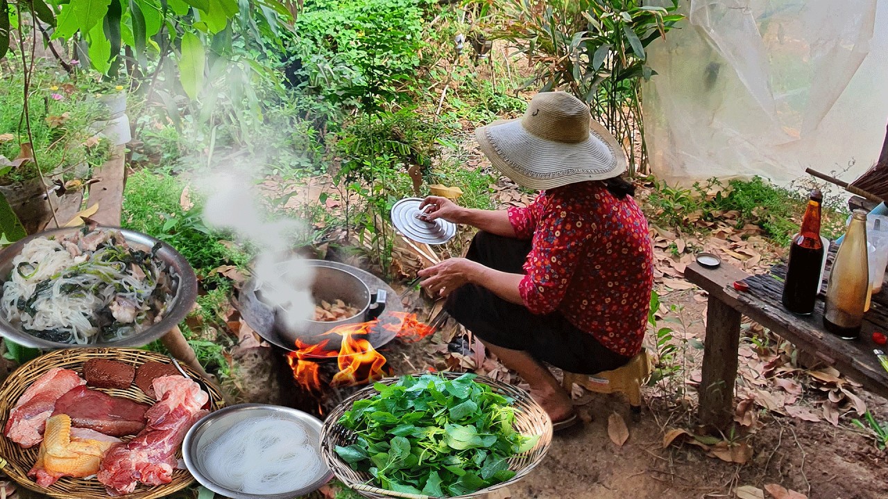 Rural Village Life &mdash; Traditional Organic Pork soup, Fresh veggies Harvest