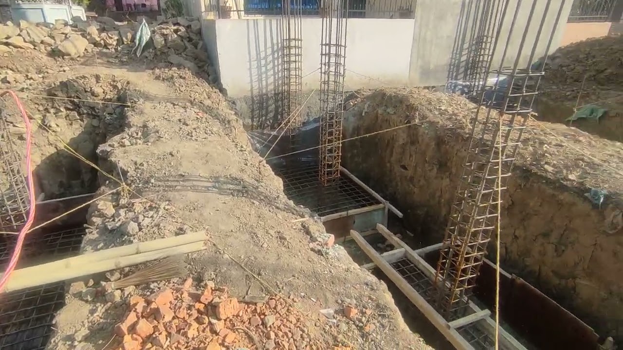 Foundation works of building , checking reinforcement before concrete casting.