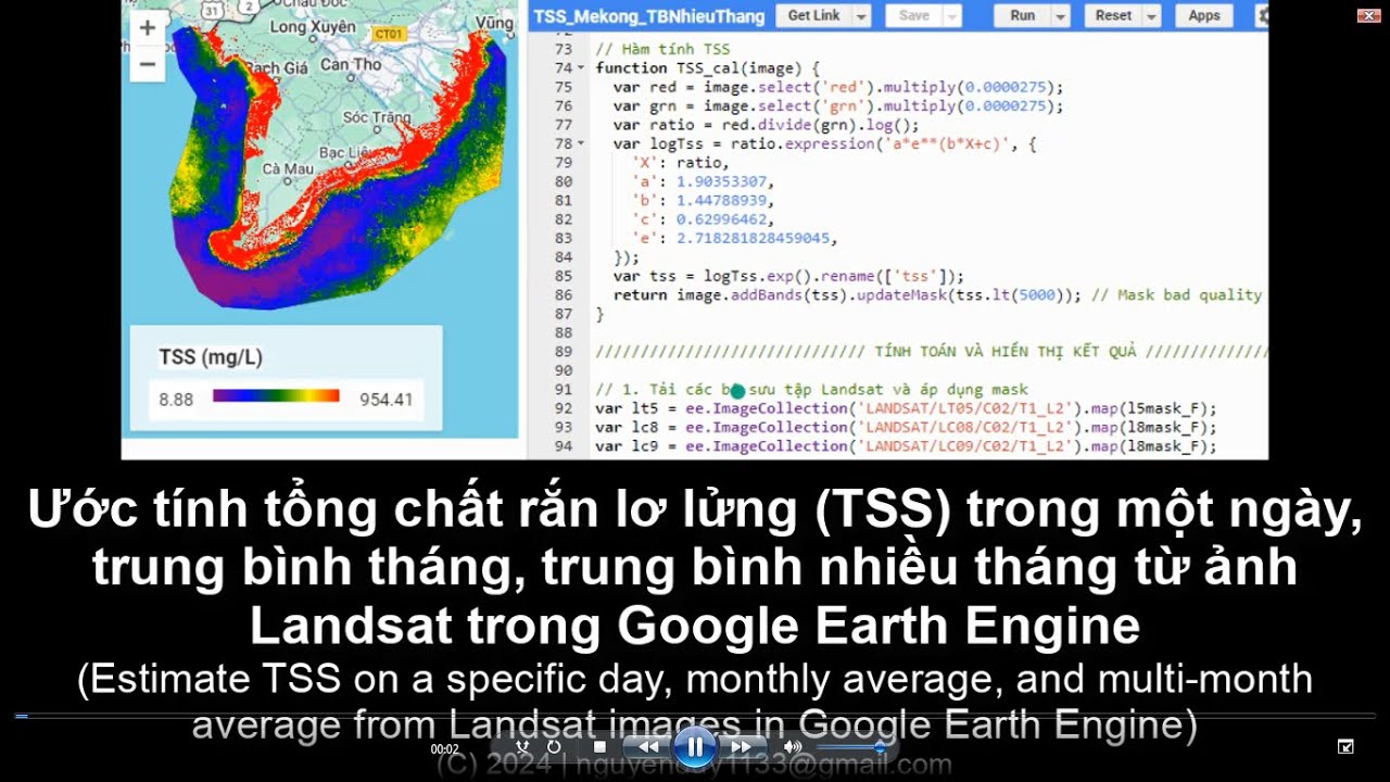 [GEE] Ước tính tổng chất rắn lơ lửng (TSS) từ ảnh Landsat (Estimate TSS from Landsat images)