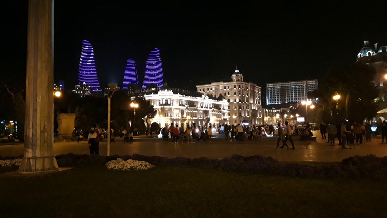 Flame Towers in Baku Azerbaijan displaying a fanstastic LED light show for the Europa League final 2