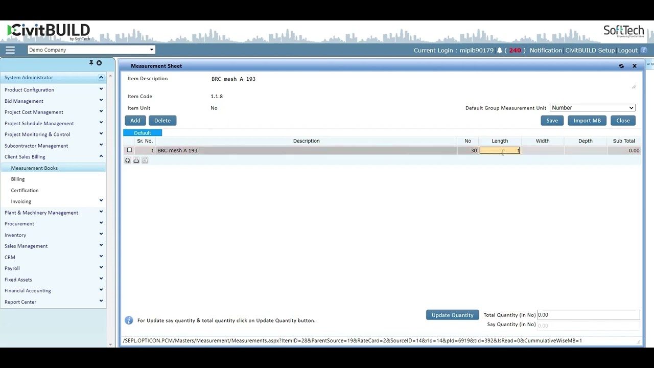 Measurement book details in Client Sales Billing