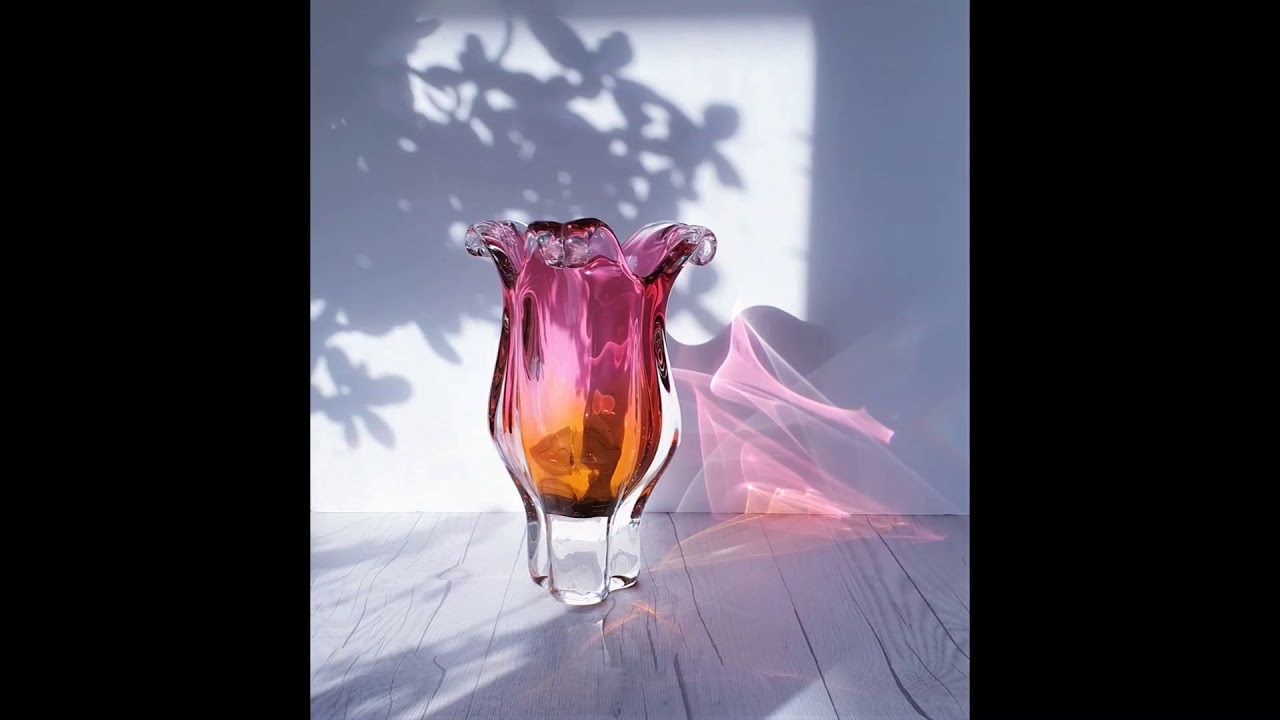 1970s Japanese Bohemian Hot Pink and Amber Biomorphic Art Glass, Tulip Cased Glass Vase