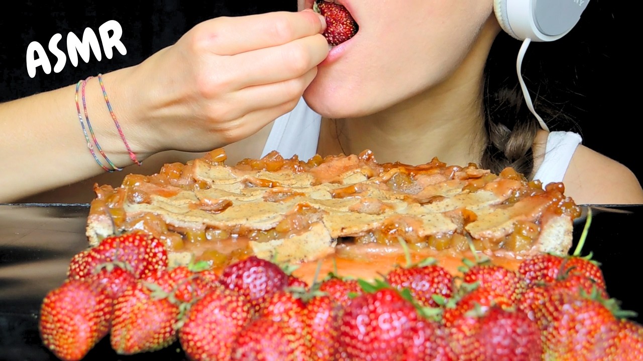 asmr rhubarb pie + fresh strawberries mukbang (no talking eating sounds)