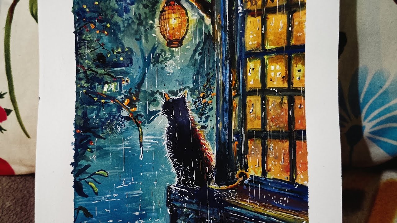 ✨ Black cat in Rainy day  Acrylic Drawing | Drawing Timelapse l