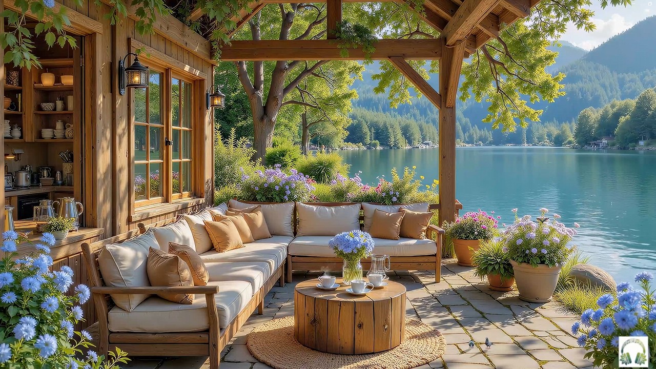 Relaxing Mind With Soft Piano Music | Gentle Piano In Spring Cafe Cabin By The Lake For Good Mood