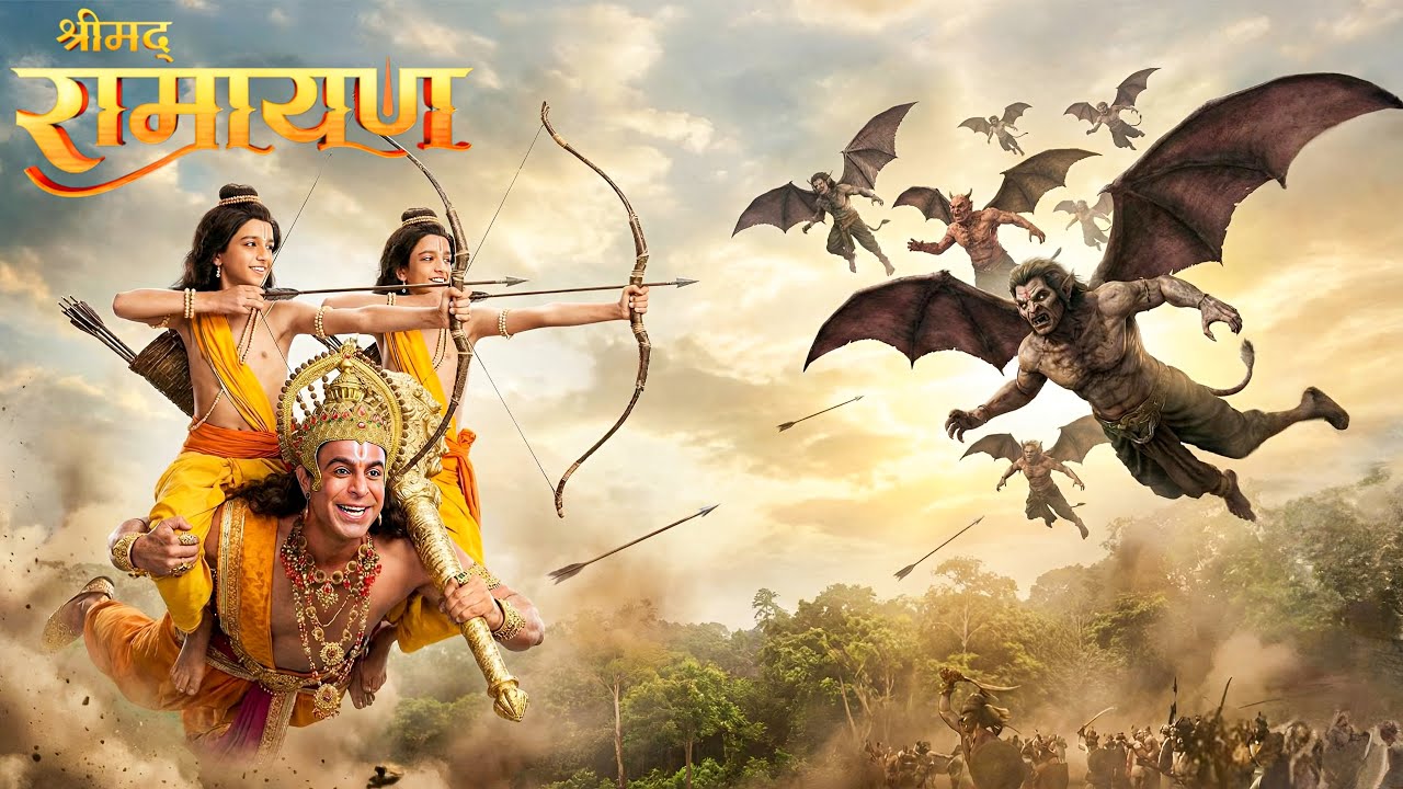 लव-कुश ने हनुमान जी के कंधों पर हवा में किया राक्षस का सामना || Shrimad Ramayan