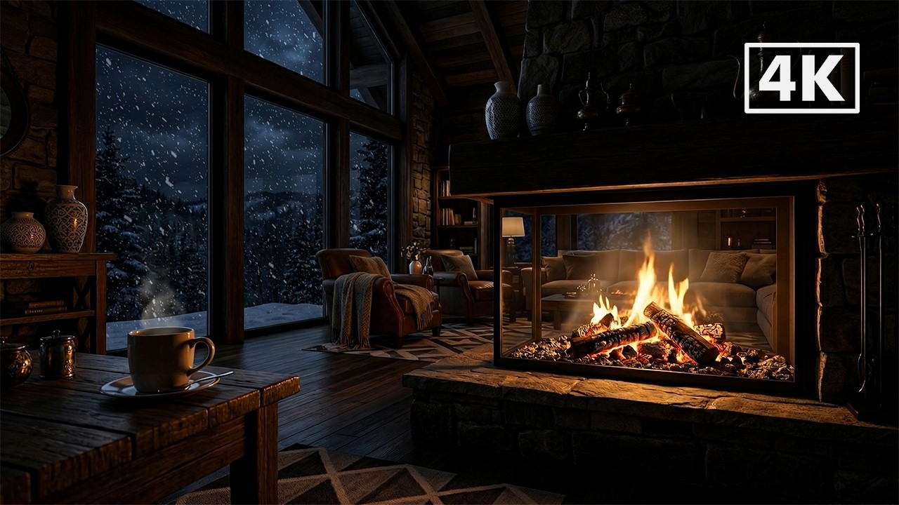 Peaceful Snowfall Outside, Cozy Cabin Fireplace Inside: Relax, Study, Sleep 4K