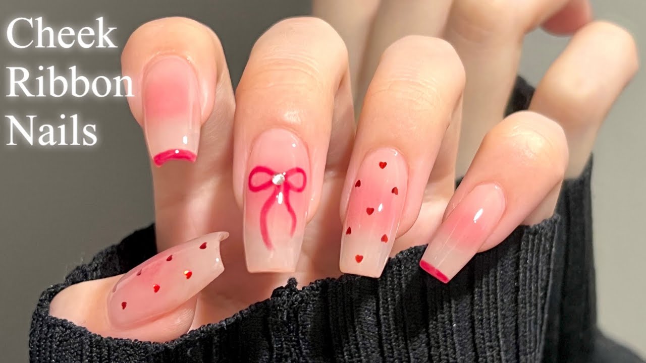【セルフネイル】ふわっと血色感💗チークリボンネイル🎀/ジェルネイル/長さだし