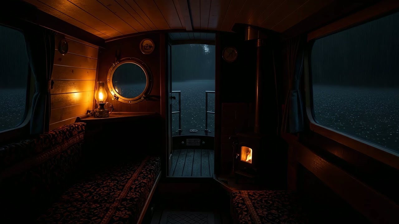 Sleeping on a Boat in Heavy Rain 🌧️ Cozy Narrowboat Cabin Ambience