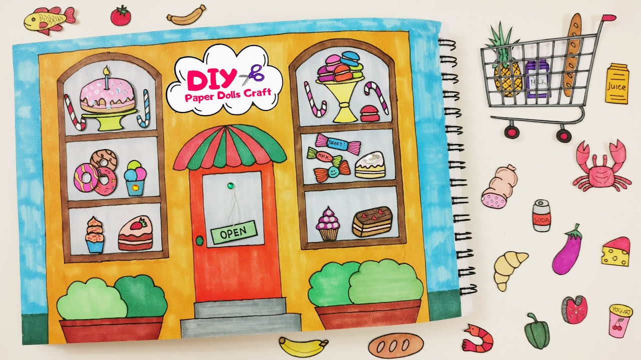 HOW TO MAKE PAPER QUIET BOOK SUPERMARKET FOR PAPER DOLLS DRAW AND PLAY SIMPLE TUTORIAL