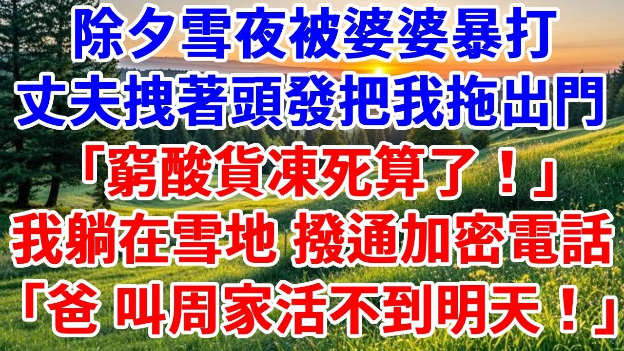 除夕雪夜被婆婆暴打，丈夫拽著頭發把我拖出門：「窮酸貨凍死算了！」我單衣赤腳躺在雪地中，看婆家8口舉杯慶祝，顫抖撥通加密電話：爸，叫周家活不到明天！#詩涵講故事#為人處世#生活經驗#情感故事#晚年哲理