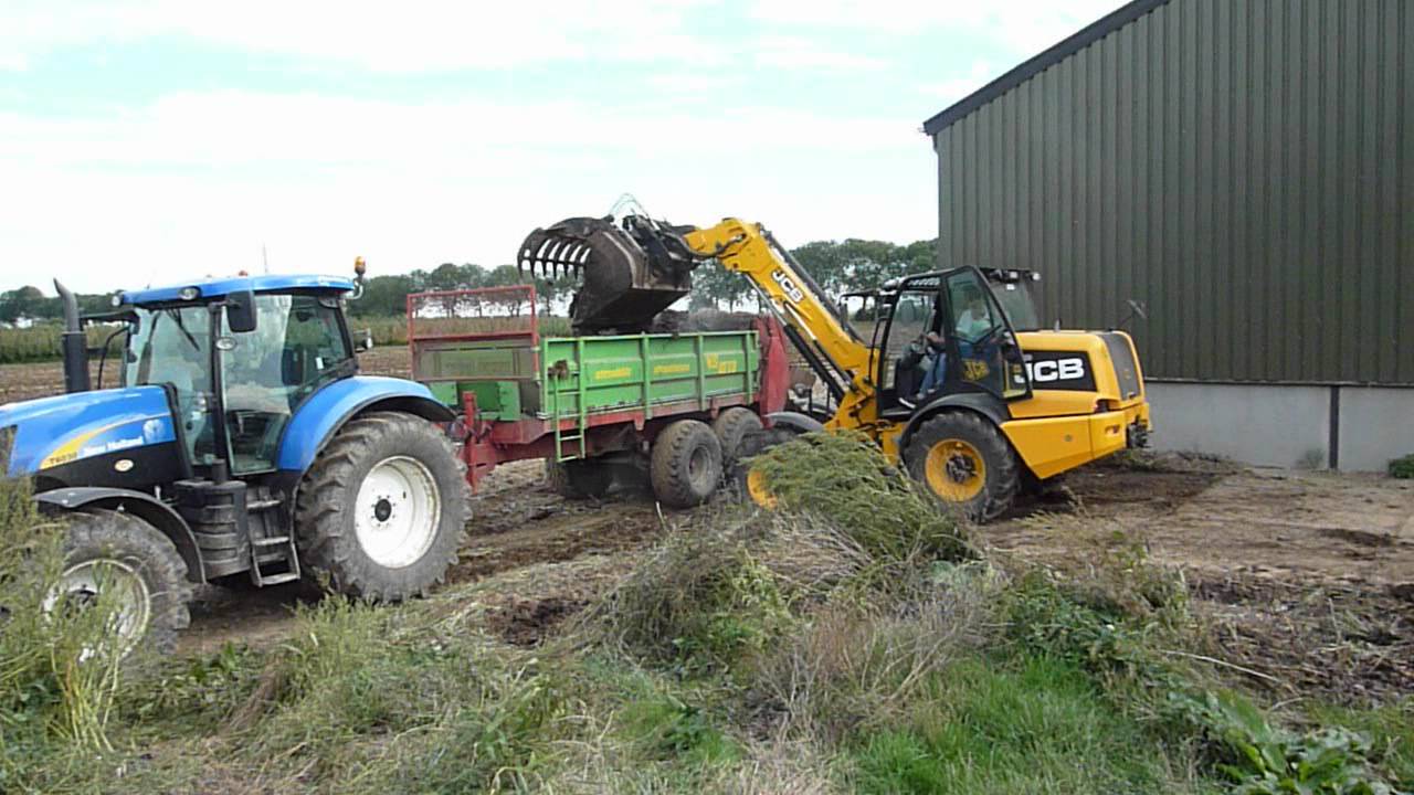 Geitenmest rijden T6030 en strautmann meststrooier laden JCB TM310