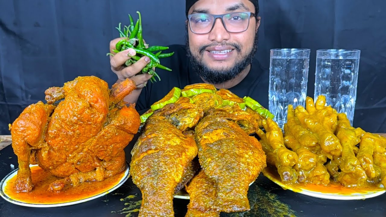 SPICY FULL CHICKEN CURRY, FULL FISH CURRY, CHICKEN FEET CURRY AND BRINJAL FRY WITH RICE EATING SHOW