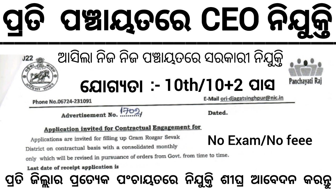 Panchayat Level CEO Recruitment 2025 ! Panchayat Level Govt Jobs in Odisha 2025