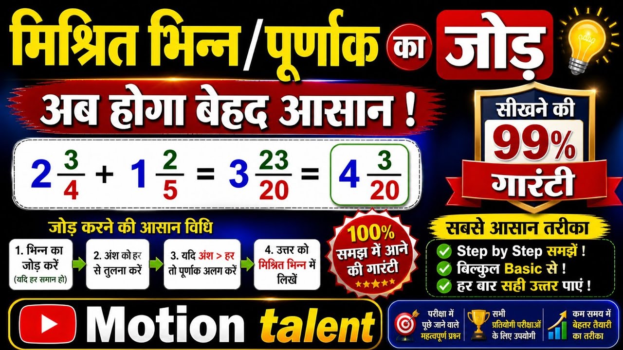 मिश्रित भिन्न/पूर्णांक का जोड़ सिखाने की 99%गारंटी 