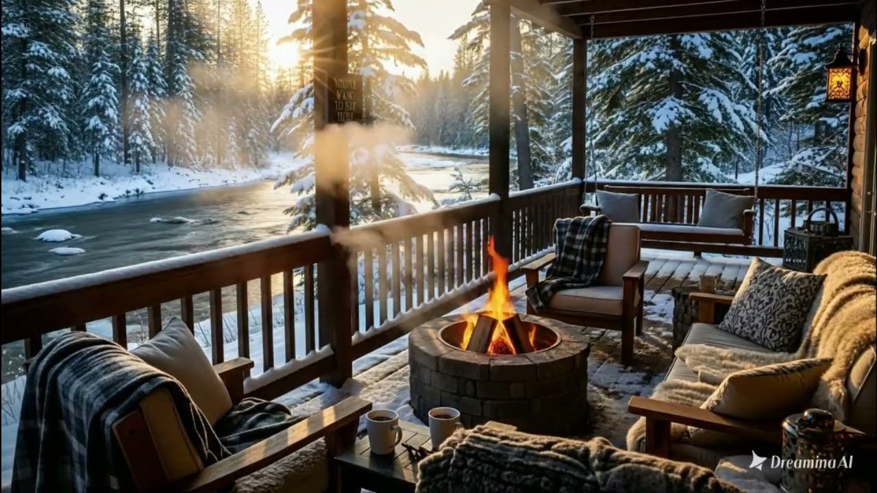 This Quiet Winter Morning Riverside Porch Nature Sounds with Campfire Feels Like a Dream