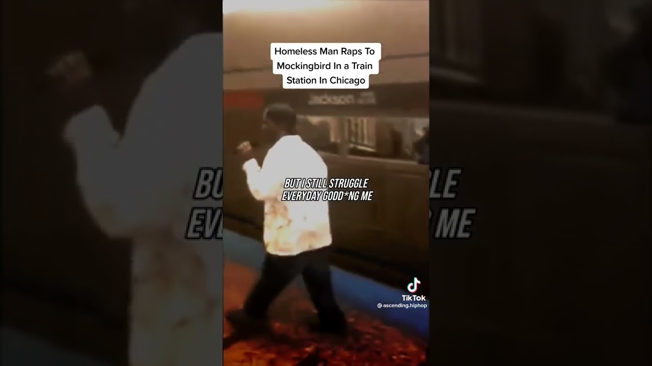 Homeless man raps to mockingbird in a train station in Chicago