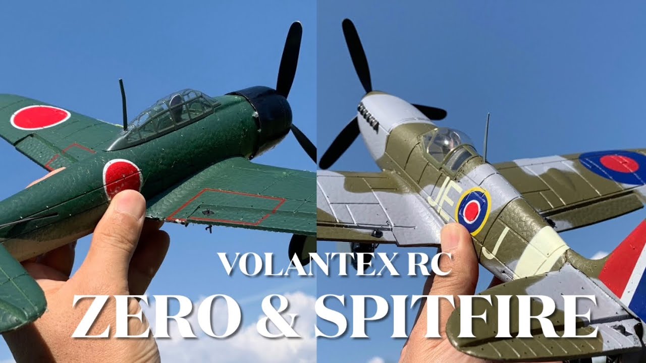 Volantex RC A6M Zero and Spitfire Warbirds Flying in an Open Field
