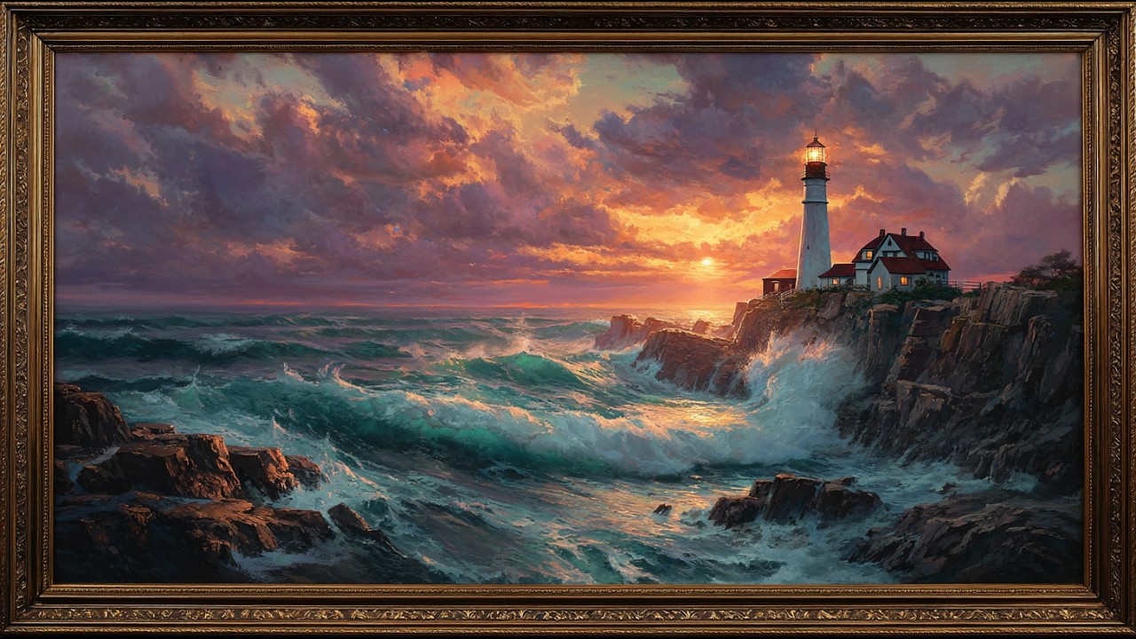Lighthouse Seascape Painting | Framed Coastal Sunset Art for TV Display | Ocean Wave Frame TV Art 4K
