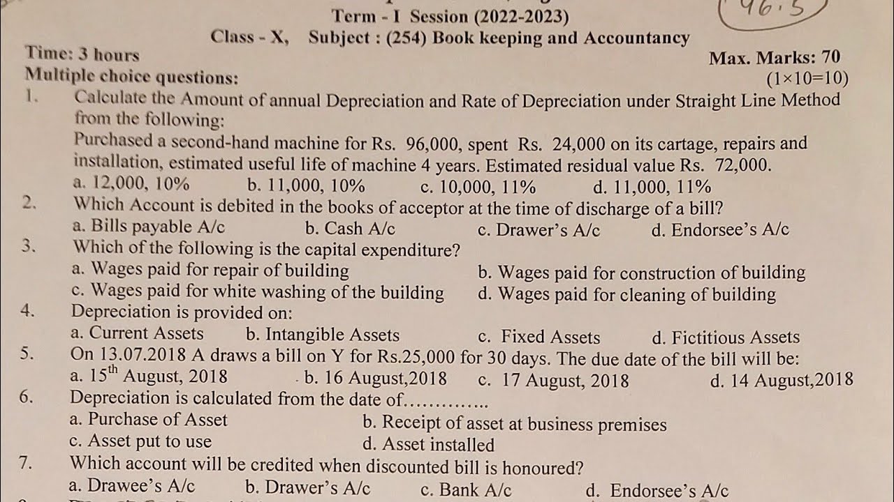 Question Paper Of Book Keeping and Accountancy of Class 10th of Term-1 Exam of 2022 of CBSE Board.