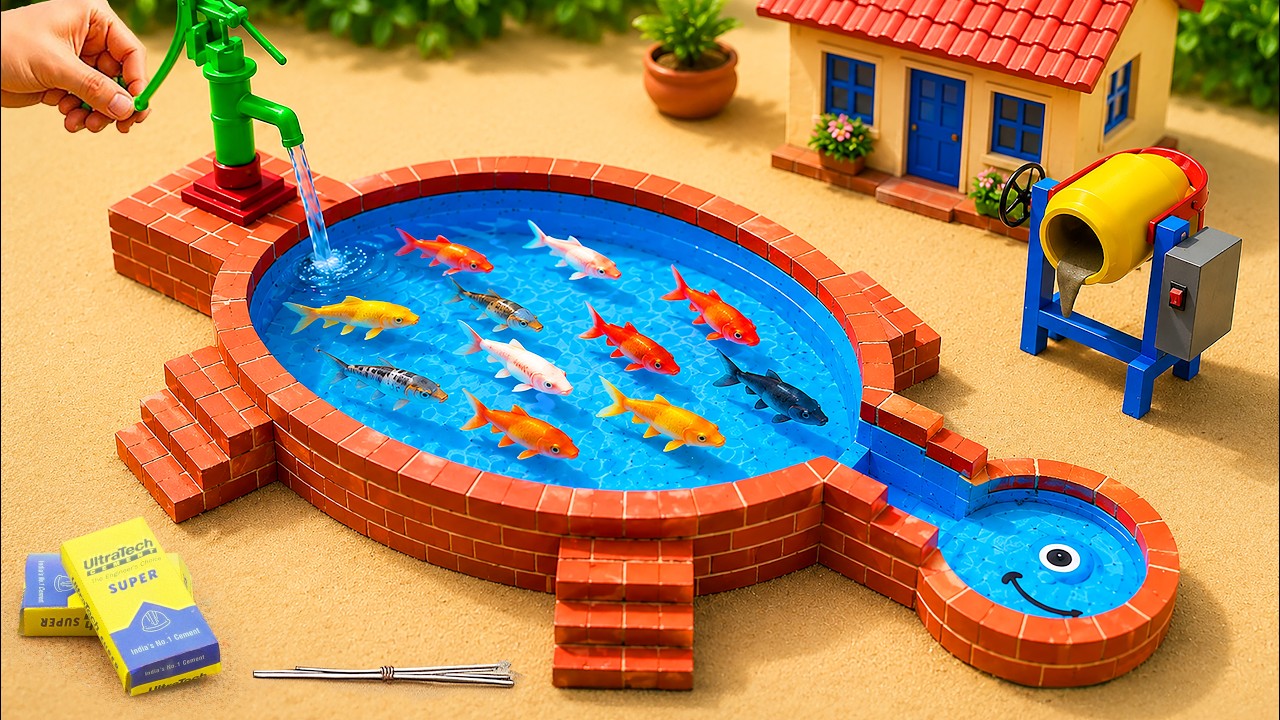 DIY Mini Tractor Builds a Brick Aquarium with a Hand Pump System | Fun Construction Science Project