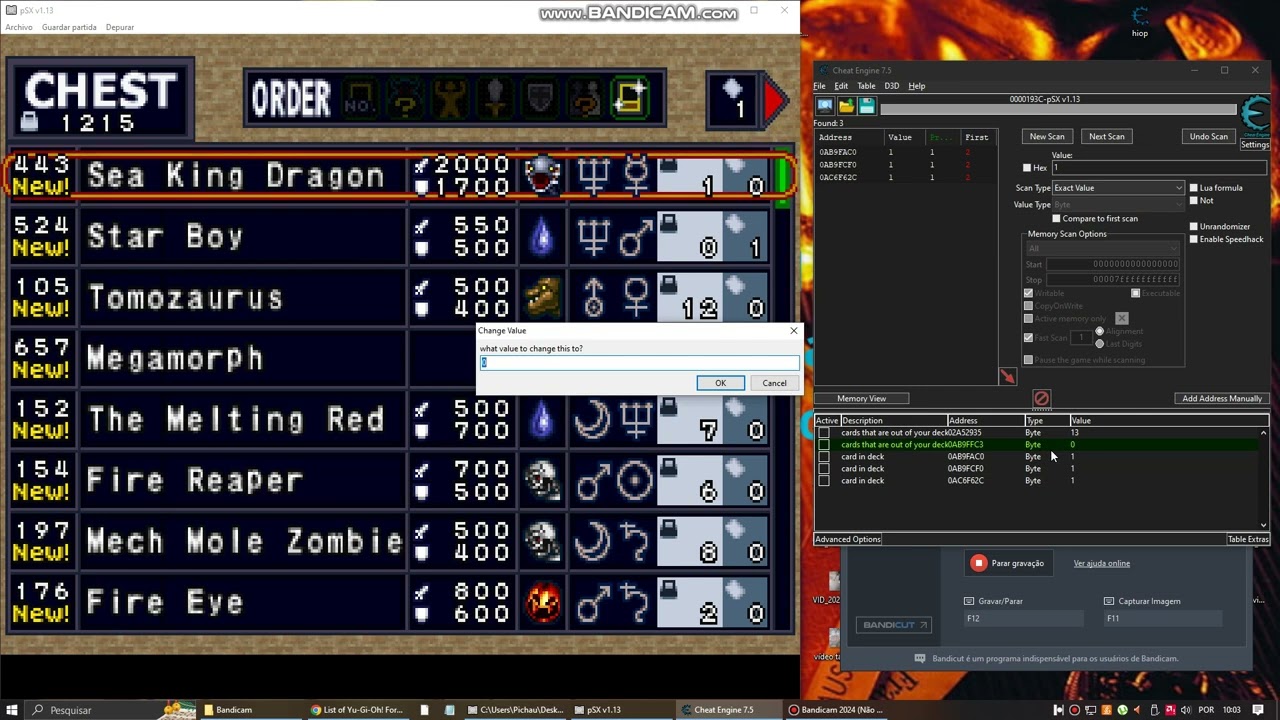 mais de 3 cartas iguais no baralho yugioh forbidden memories cheat engine