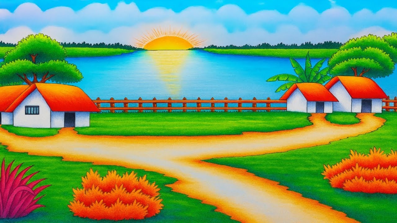 How to draw easy scenery drawing beautiful landscape village | Sunrise drawing | Village drawing