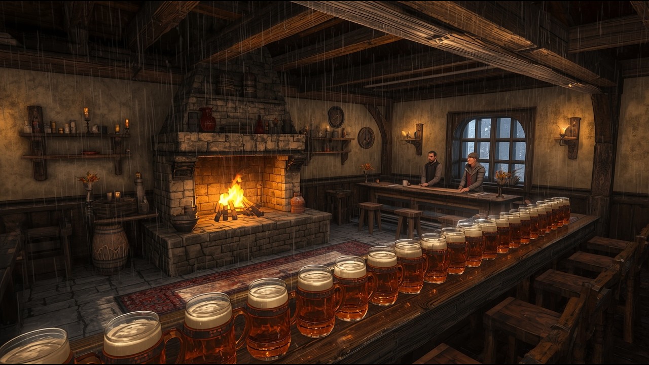 Cozy Medieval Tavern Ambience  Crackling Fire Rain & Lute Music for Studying Sleep & Relaxing