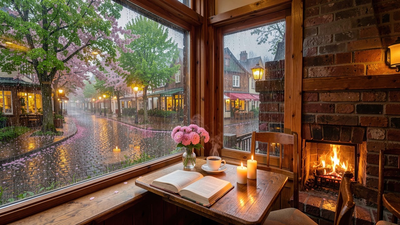 Rainy Window Jazz in a Cozy Café - Warm Fireplace Ambience & Smooth Jazz Piano for Study, Relax