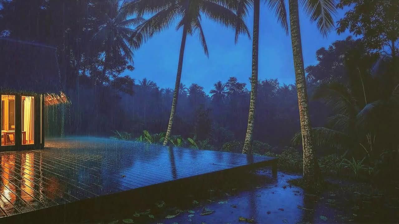 Quick Sleep with Warm Rain Sounds and Rolling Rumble at Wooden Cabin Terrace 🌧️