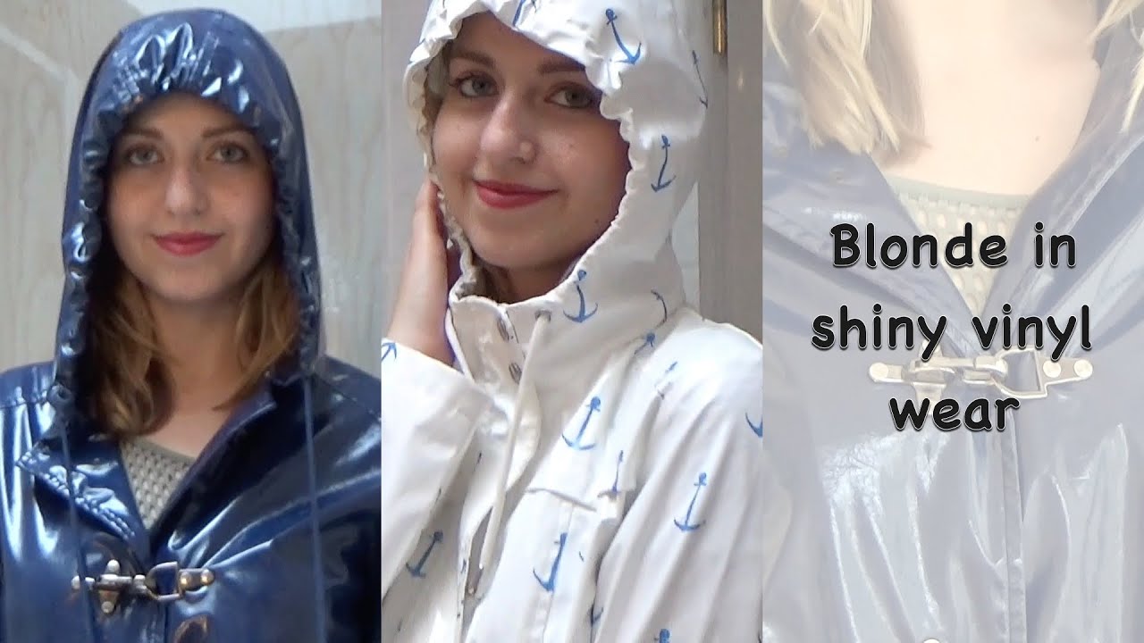 Blonde girl in shiny raincoats, black vinyl pants and leather boots - wet rainwear and wet boots