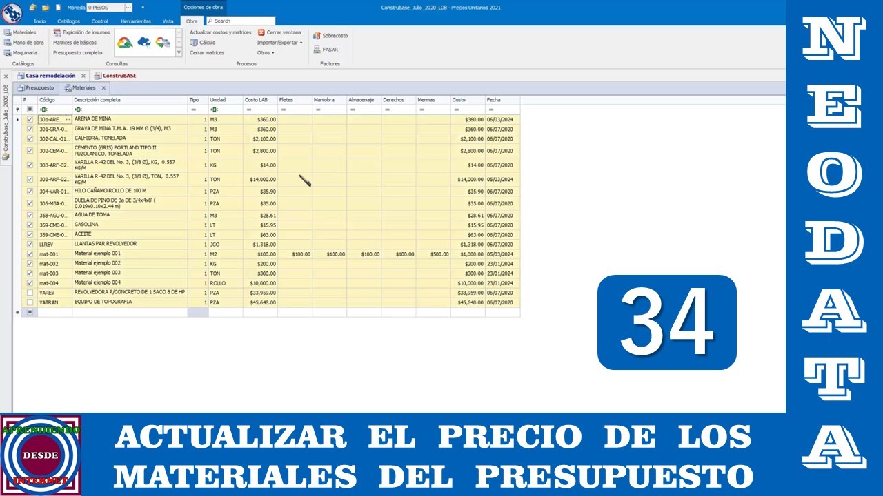 Actualizar el Precio de los Materiales del Presupuesto en Neodata 2021