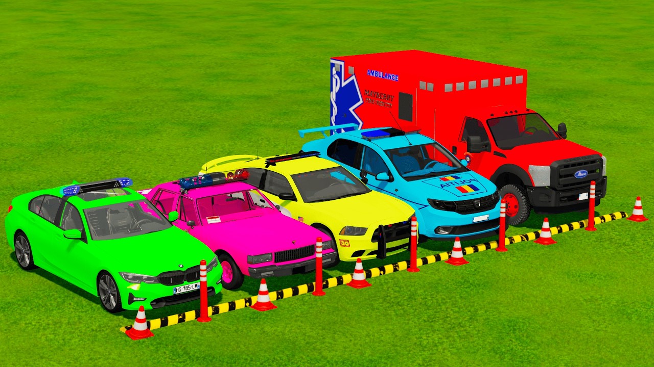 CHEVROLET, DODGE, BMW, AMBULANCE ENGINE, DACIA POLICE CARS TRANSPORTING WITH MAN TRUCK