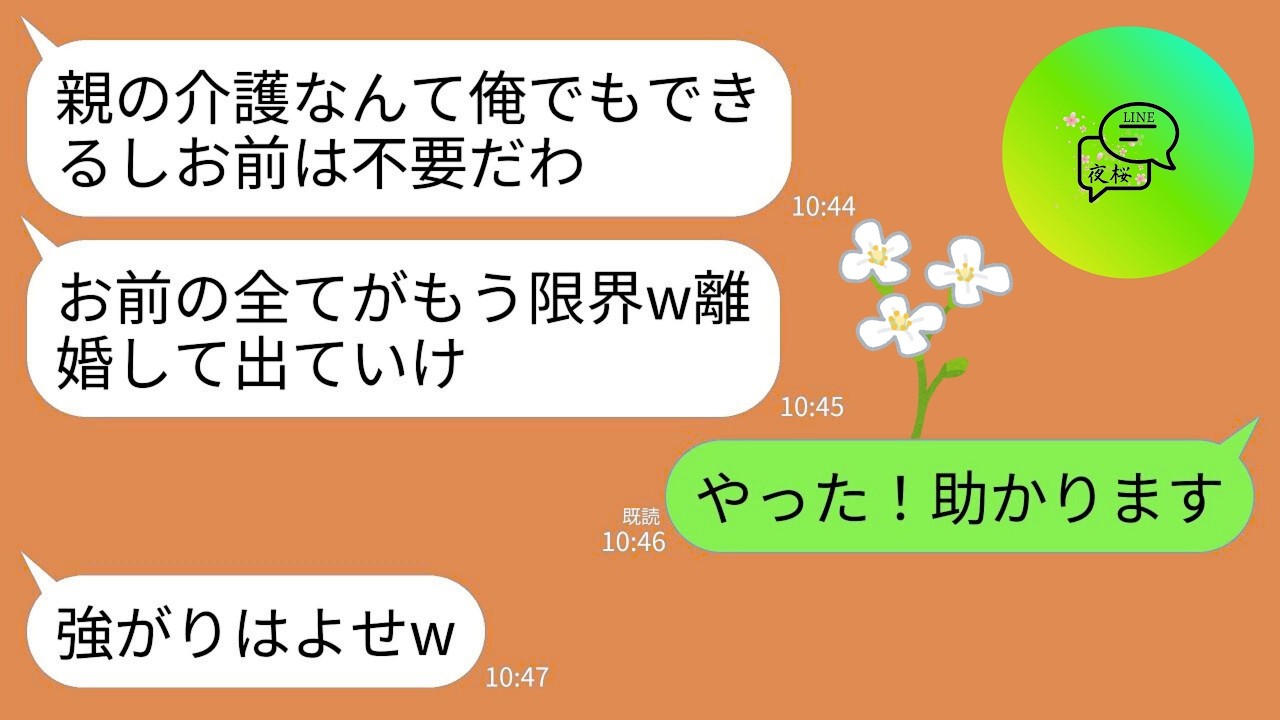 【LINE】18年間、義両親を介護した私に冷徹に離婚を切り出す夫「お前の全てがもう無理w限界だから離婚しろ」私「はーいw」→翌日、大喜びで軽井沢に引っ越すと夫が半狂乱にw