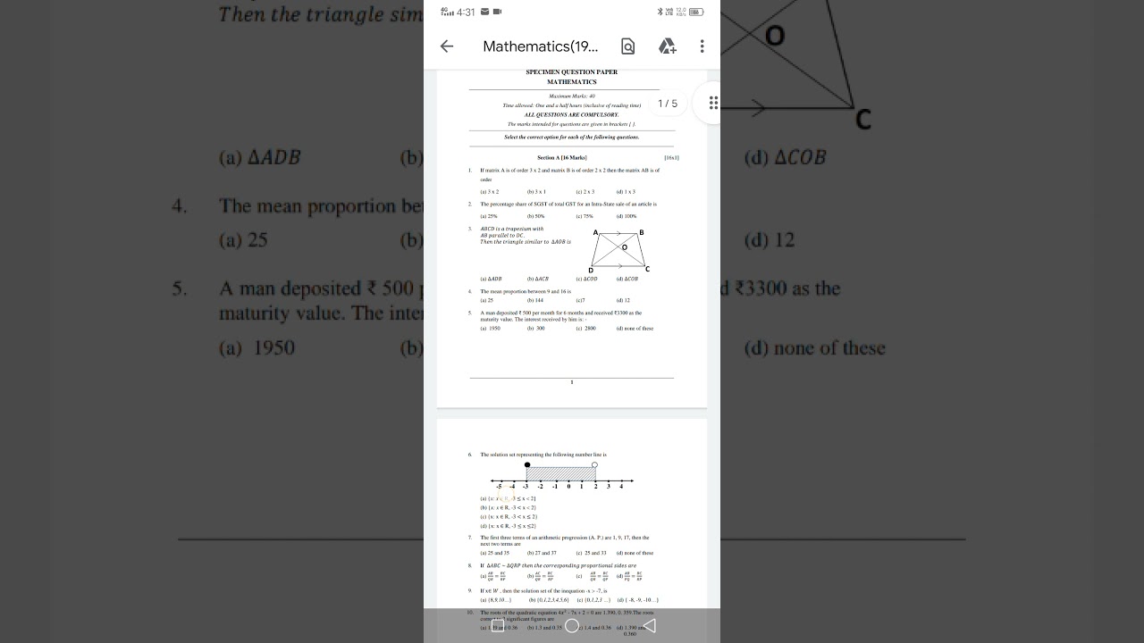 Mathematics question paper icse board class 10 semister 1