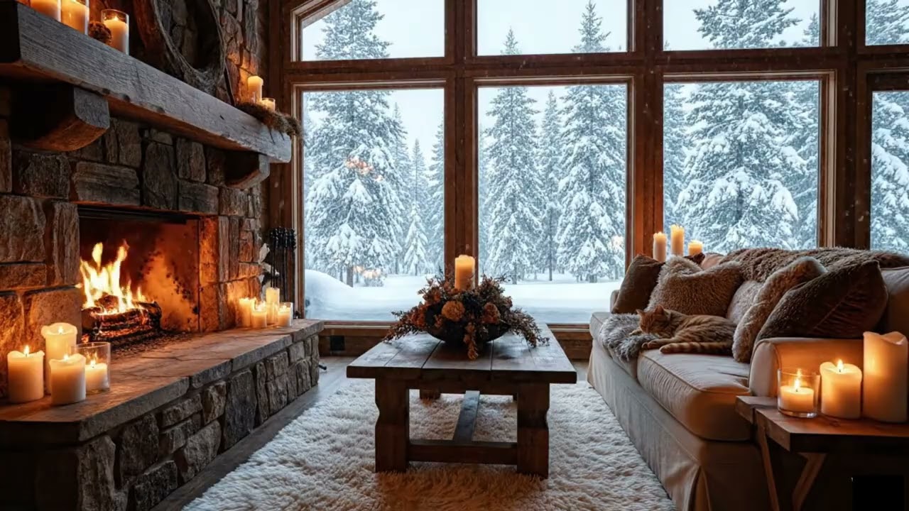 Cozy Winter ambiance fireplace relaxing peaceful piano music