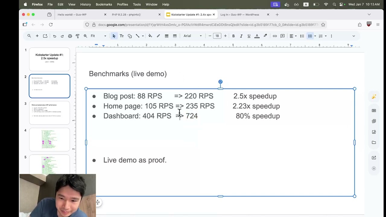 Live demo of 2.5x speedup of Wordpress