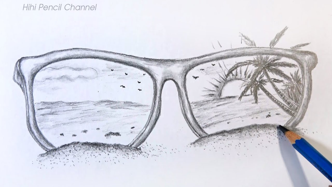 How to Draw a Beach Sunglass Scenery step by step | pencil drawing