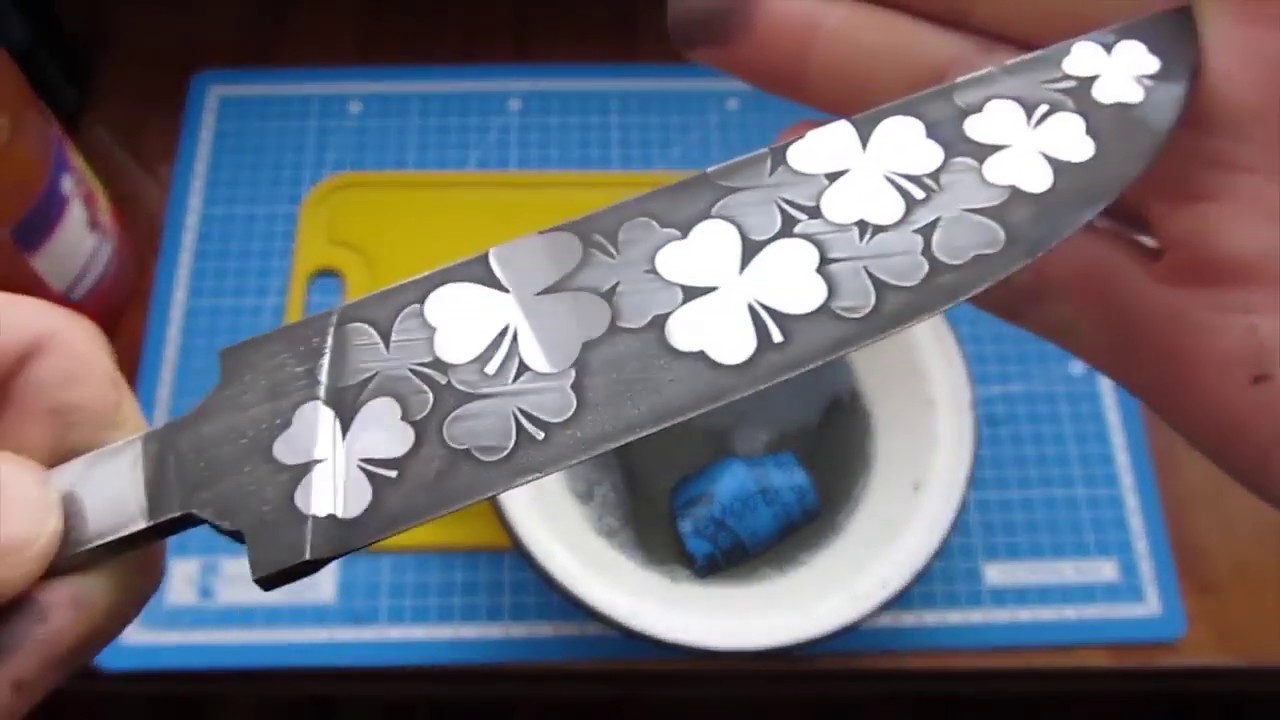 Gravação faca 2 etapas FeCl3 dois relevos corrosão química aço inox