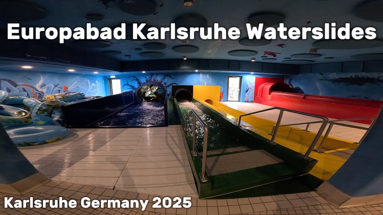 Waterslides in Water Park Europabad Karlsruhe Germany, POV 4k videos