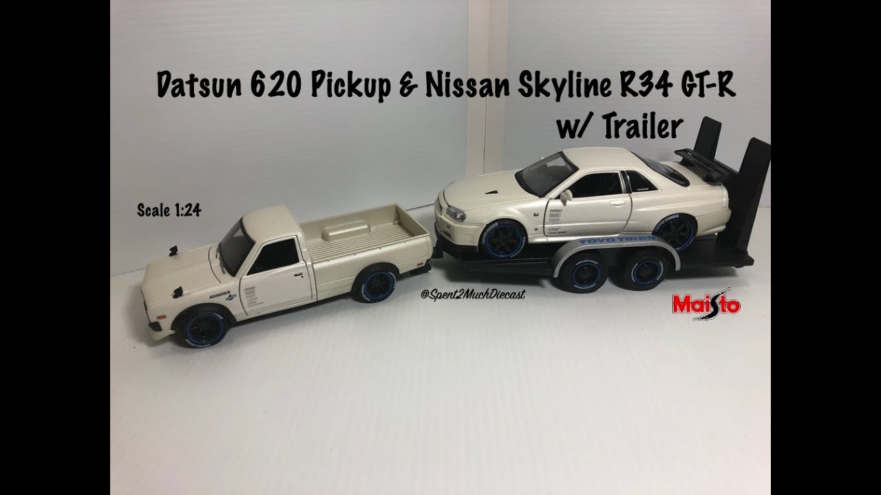 Datsun 620 Pickup & Nissan Skyline R34 GT-R with Trailer by Maisto Diecast Collector Unboxing
