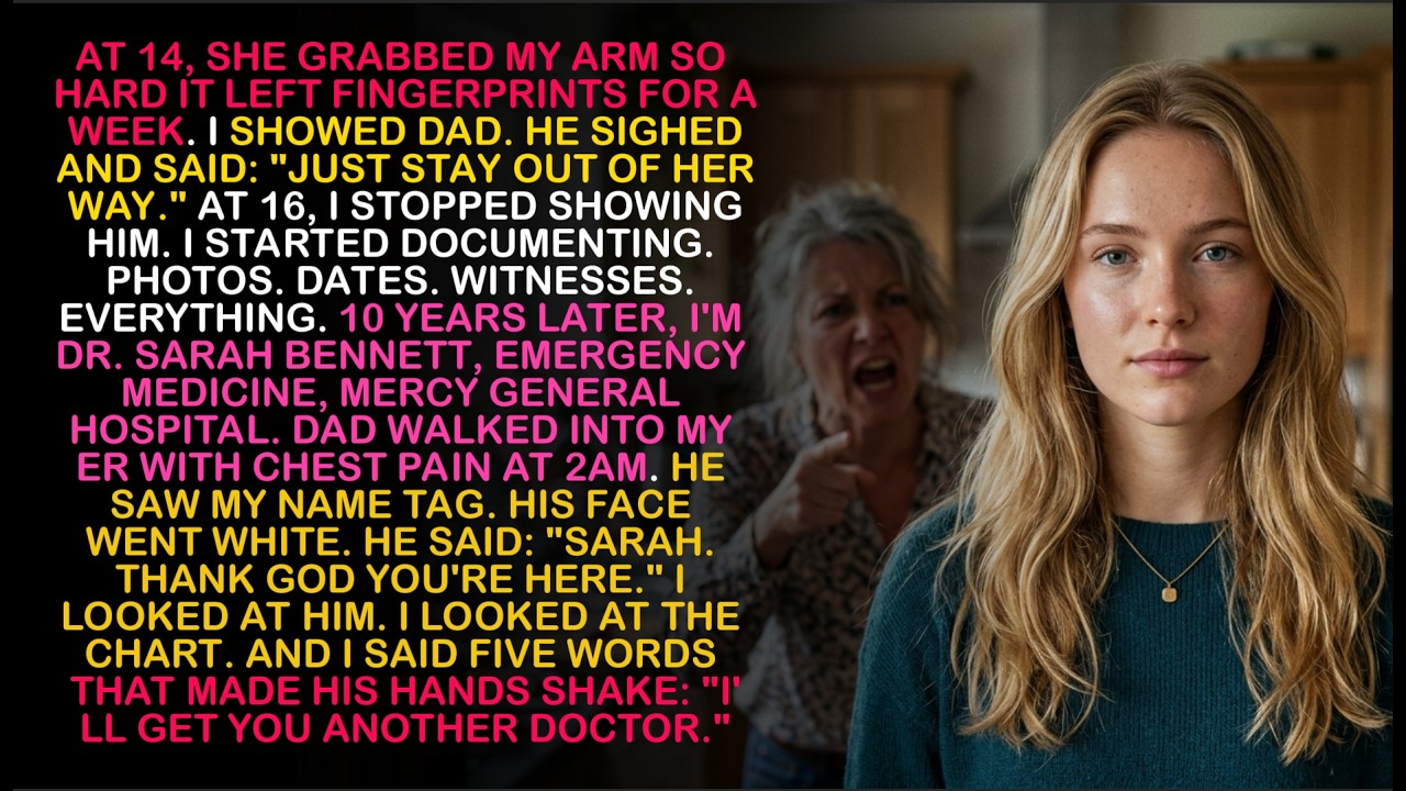 My dad ignored every bruise she left. Years later he came to my ER—and I refused to treat him.