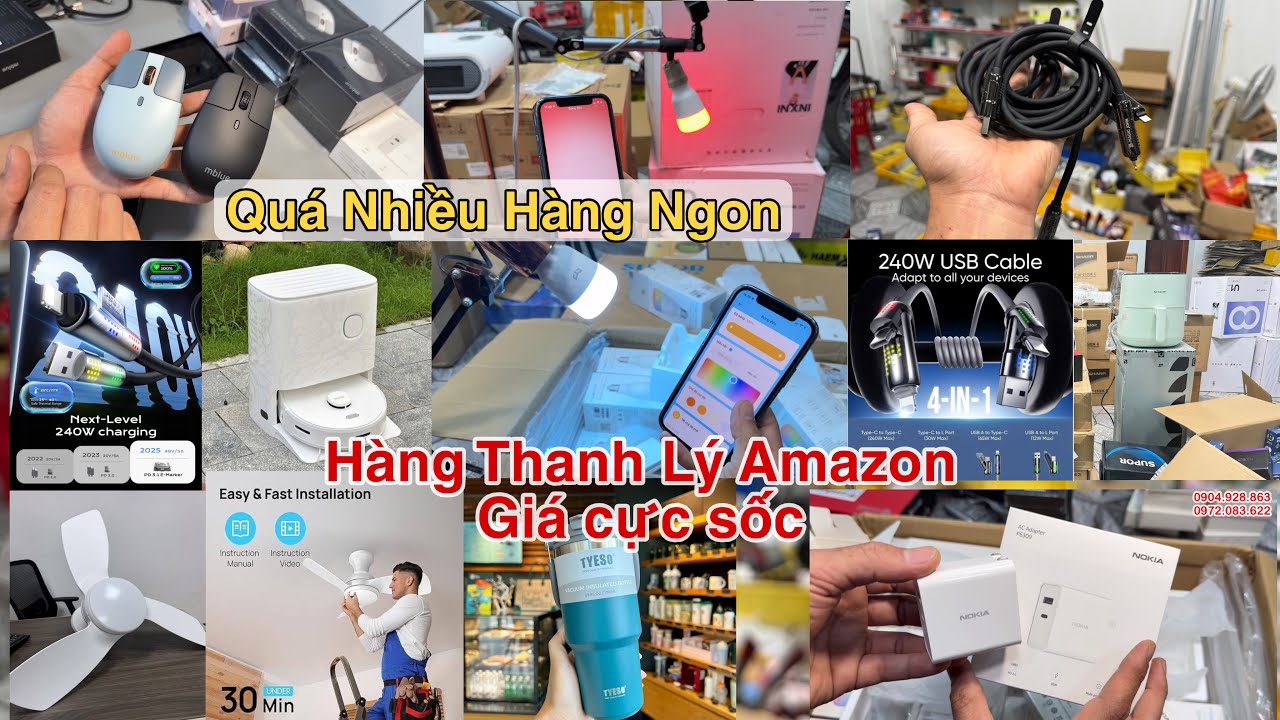 Hàng amazon thanh lý, Quạt trần mỹ, Cáp sạc 240w, bóng đèn xiaomi, Robot hút bụi lau nhà xoay 360