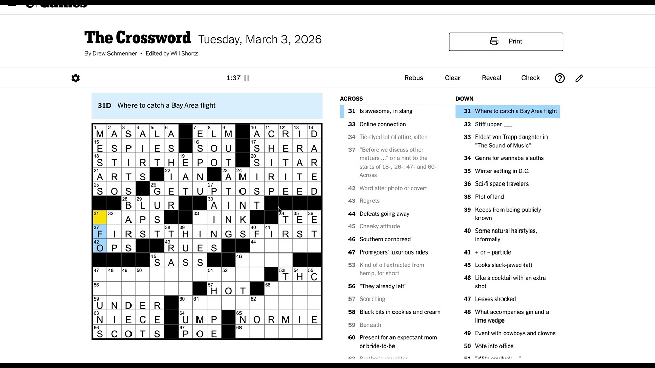 Solving the NYT Crossword 03/03 in 2:27 (New Tuesday PR)
