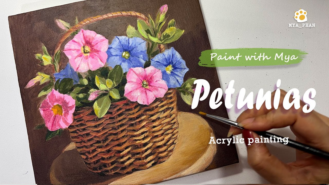 Basket of petunias painting/Flowers/ Acrylic Painting #084