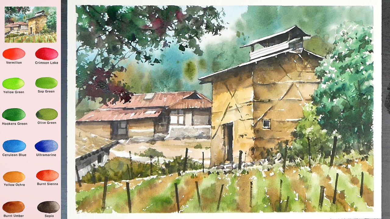 Landscape Watercolor - Countryside scenery (3x speed, View color names)  NAMIL ART