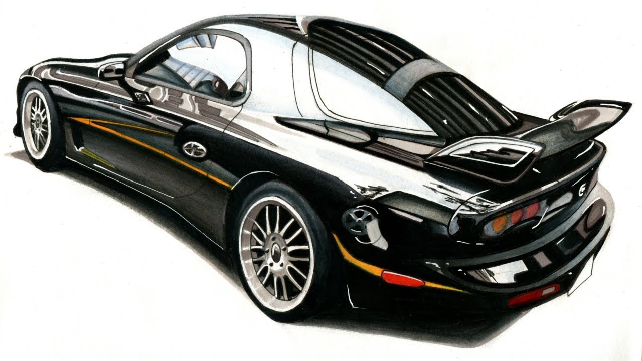 Realistic Car Drawing - Mazda RX-7 FD3S - Time Lapse