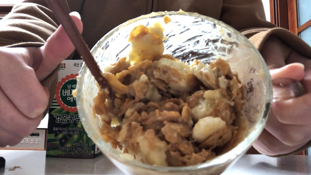 Why are you watching me making [banana PB soy milk cereal bowl] for breakfast