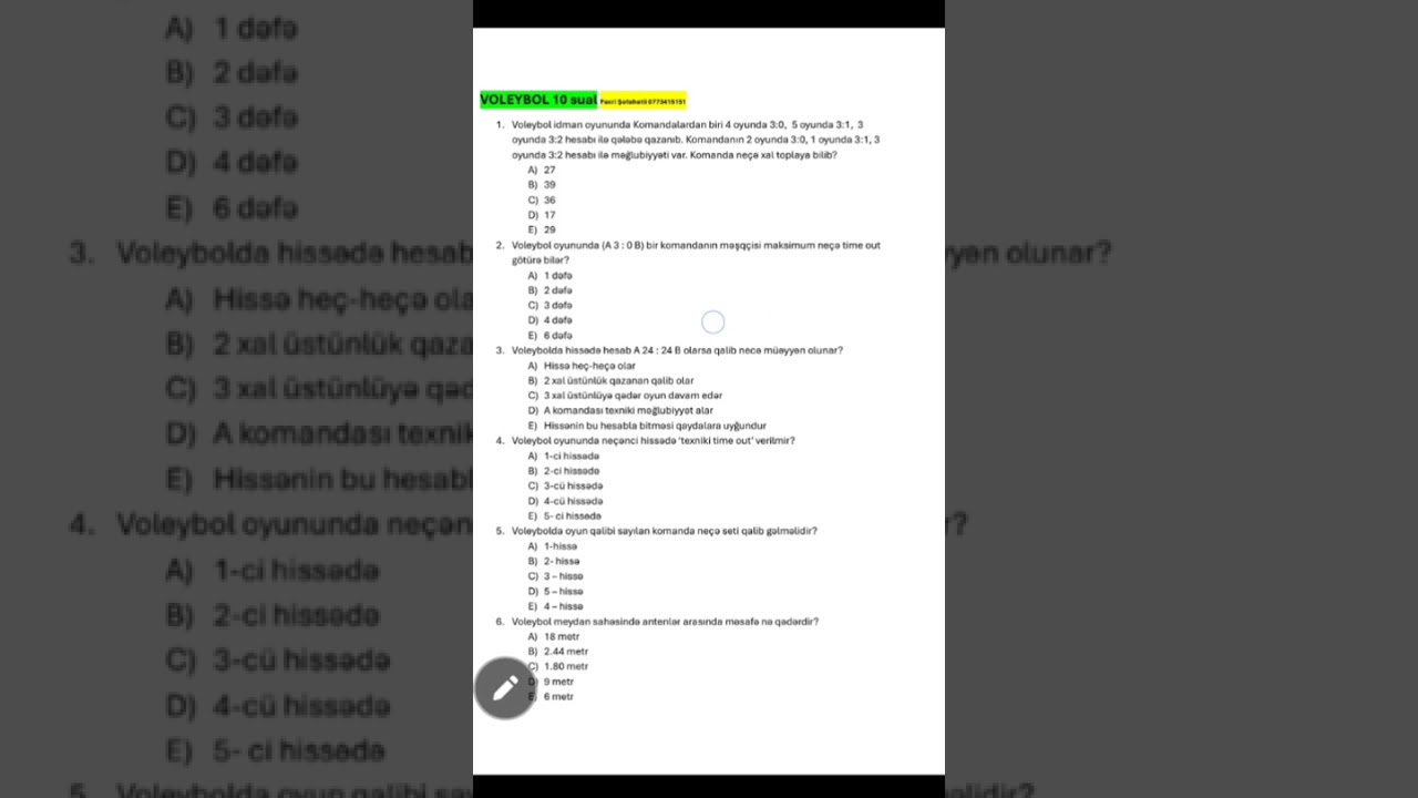 Voleybol 10 sual mövzu sınağı 