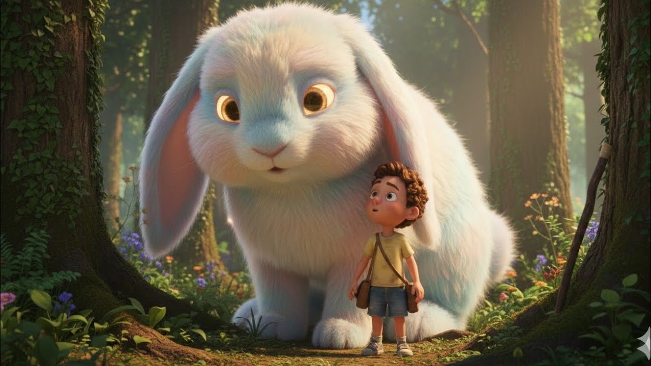 Cute giant bunny with his friend. Adventure in the jungle.